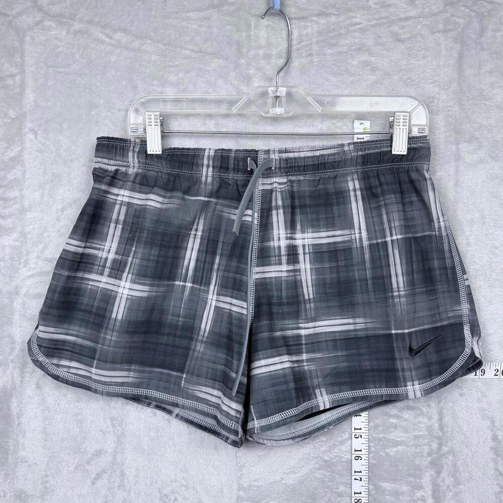Nike Dri-FIT Plaid Running Shorts Women M Gray White Stretch Build In Tight Gym